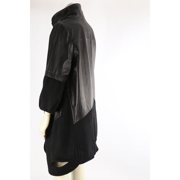 Black Leather Wool Contrasted Button Down Puff Midi Coat Size M - Picture 7 of 7